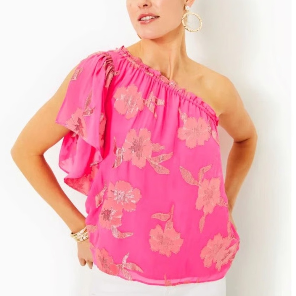 NWT Lilly Pulitzer Sarahleigh Asymmetric Silk-Blend One Shoulder Pink Blouse S